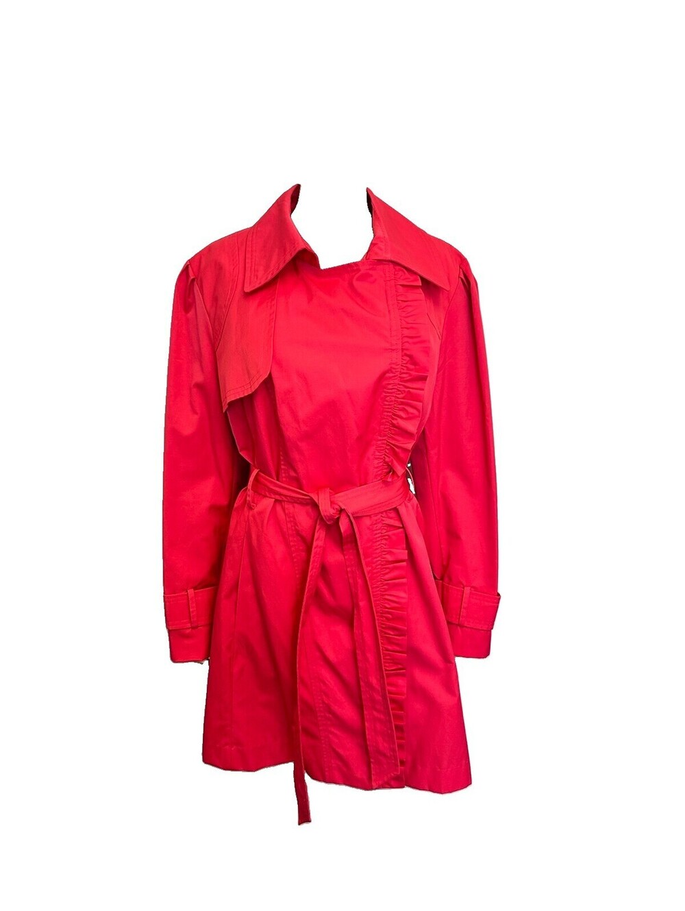 Jessica Simpson Y2K Women Coral Ruffled Zip Up Belted Rain Trench Coat Petite 1X
